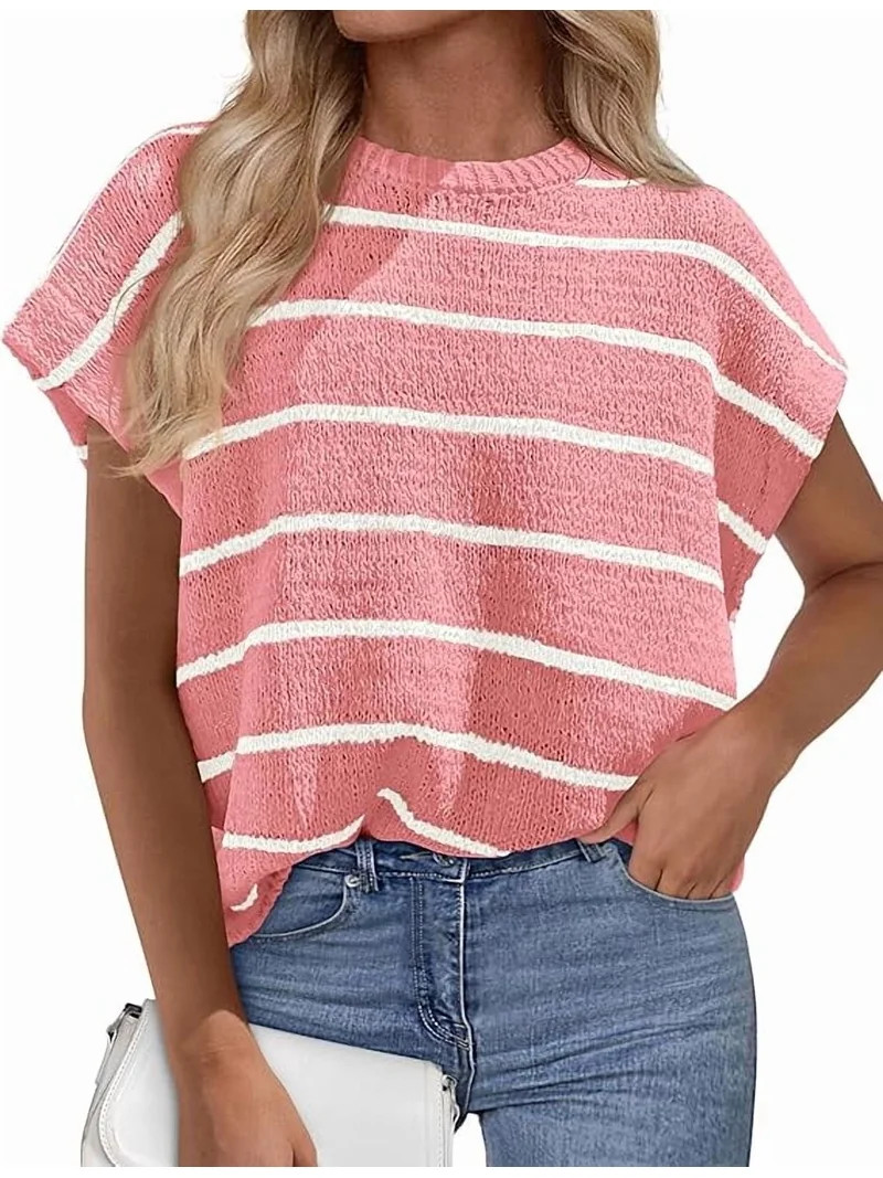 PRETTYGARDEN Womens Summer Short Sleeve Tops Trendy Crew Neck Striped Knit Sweater Business Casua... | Walmart (US)