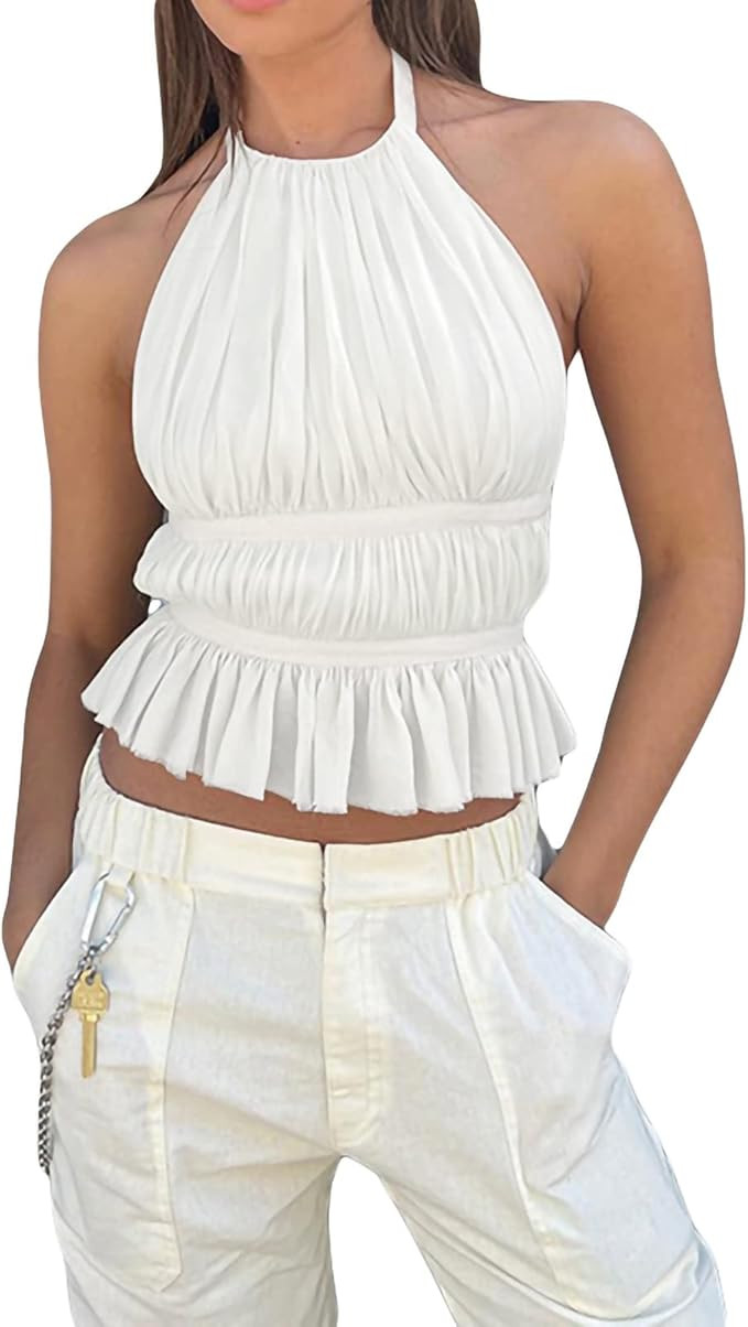 Women Summer Tank Tops Patchwork Tied Halter Neck Ruffle Sleeveless Backless White Vest Tops Ladi... | Amazon (US)