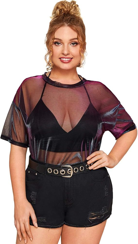 Floerns Women's Plus Size Short Sleeve Sheer Mesh Tops T Shirt Blouse | Amazon (US)