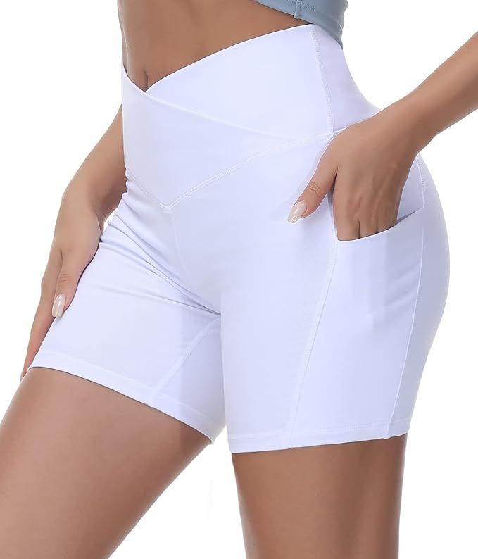 Women's Cross Waist Workout Shorts Tummy Control Spandex Athletic Biker Shorts with Deep Pockets | Amazon (US)