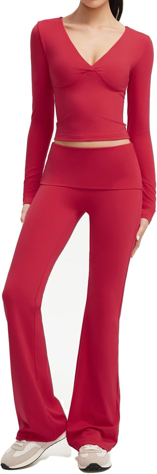 SUUKSESS Women 2 pieces Lounge Sets Long Sleeve V Neck Tops Fold Over Flare Leggings | Amazon (US)