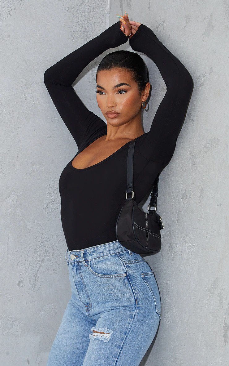 Basic Black Cotton Blend Scoop Neck Long Sleeve Bodysuit | Pretty Little Thing (Australia & New Zealand)
