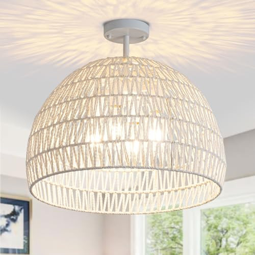 Rattan Ceiling Light Fixture, 4-Light Boho Semi Flush Mount Ceiling Light, 20" Wicker Light Fixture with Handmade Woven Cage Lampshade, Rattan Chandelier for Bedroom Hallway Nursery Kitchen Farmhouse | Amazon (US)