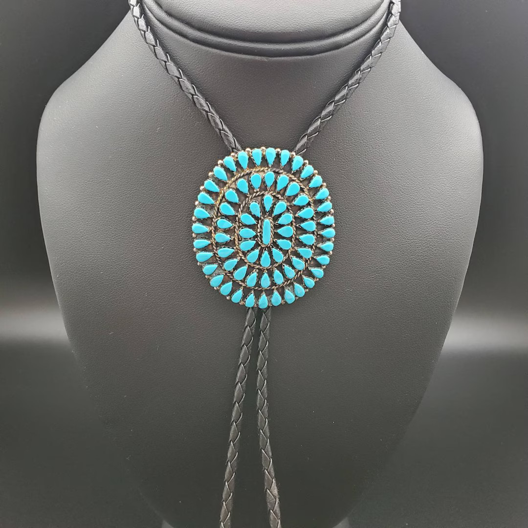 Socute925 Big Cluster Turquoise Bolo Tie Necklace Genuine Leather Sterling Silver Bolo Tie Big Tu... | Etsy (US)