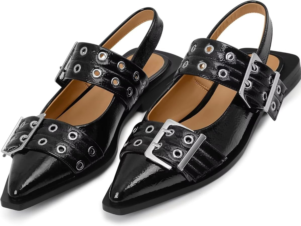 Buckle Ballet Flats for Women Slingback Flats Ballerinas Flats Wide Welt Buckle Ballet Flats Squa... | Amazon (US)
