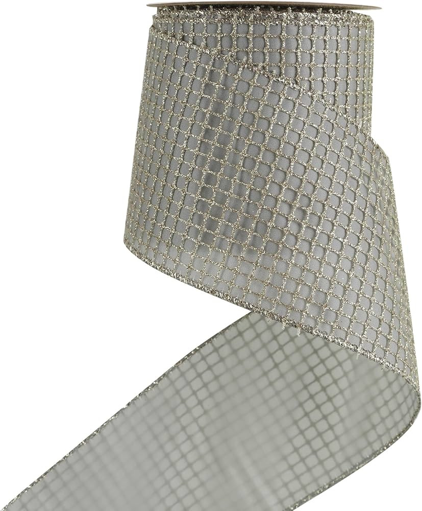 HUIHUANG Champagne Square Mesh Wired Christmas Ribbon 4 inch x 10 Yards | Amazon (US)