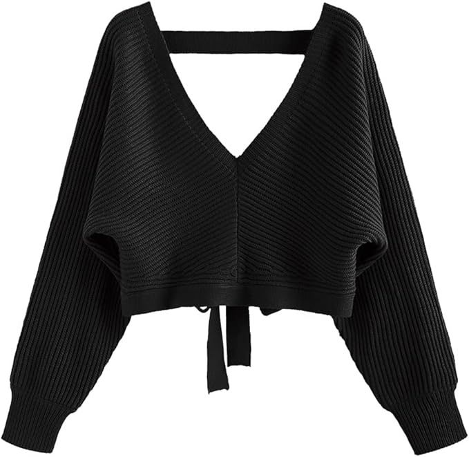 ZAFUL Women's V Neck Cropped Sweater Ribbed Knit Pullover Tops Sexy Drop Shoulder Jumpers | Amazon (US)