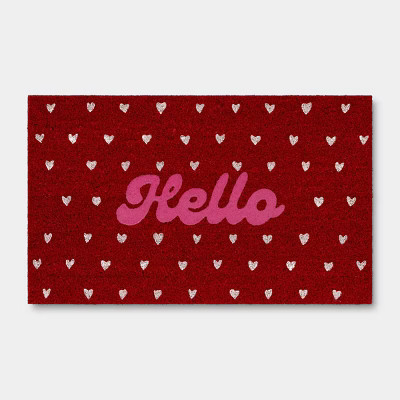 Valentine's Day Hello Flocked Hearts Coir Doormat Red - Room Essentials™ | Target