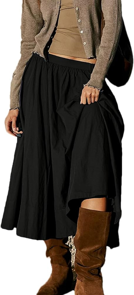 Zontroldy Women's Fashion Midi Skirt Elastic Waist Pleated Casual Cotton Long Skirts with Pockets | Amazon (US)