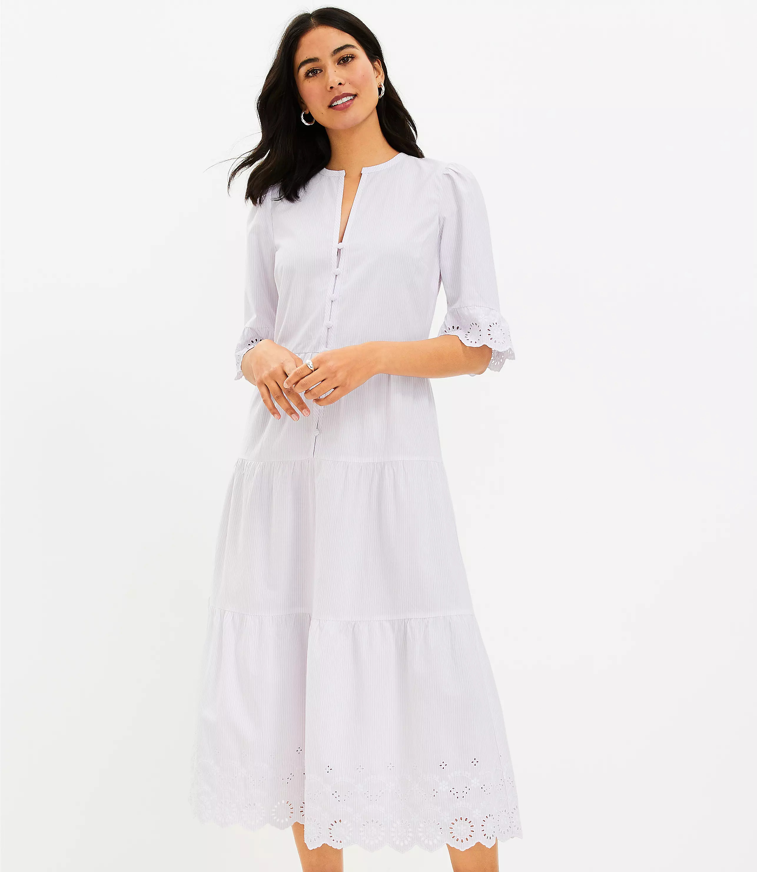 Striped Eyelet Cuff Tiered Maxi Dress | LOFT