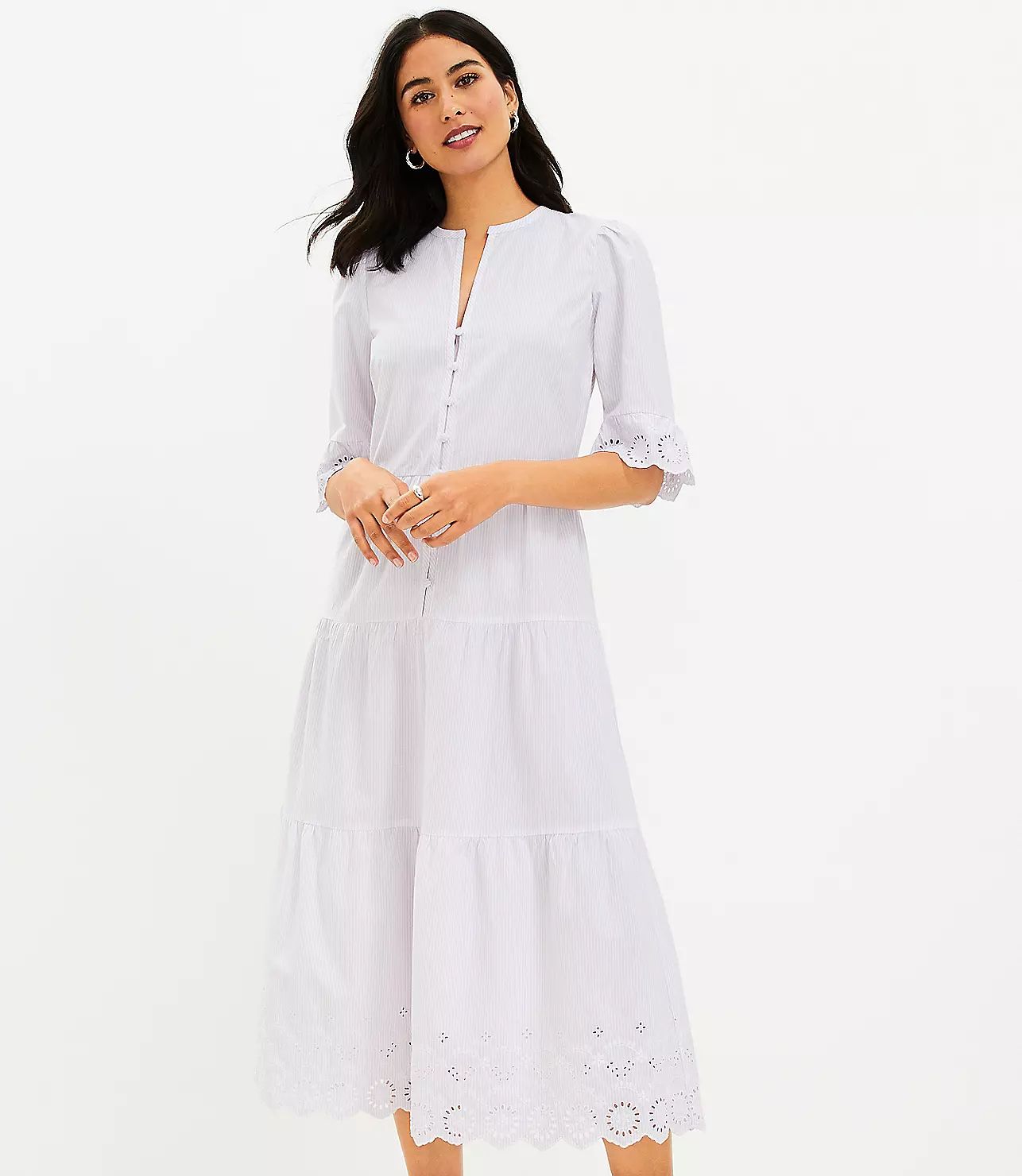 Striped Eyelet Cuff Tiered Maxi Dress | LOFT