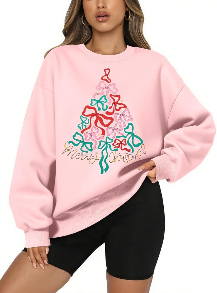 QLIPIN Christmas Sweatshirt Women Merry Christmas Bow Sweater Christmas Tree Shirt Oversized Holi... | Amazon (US)