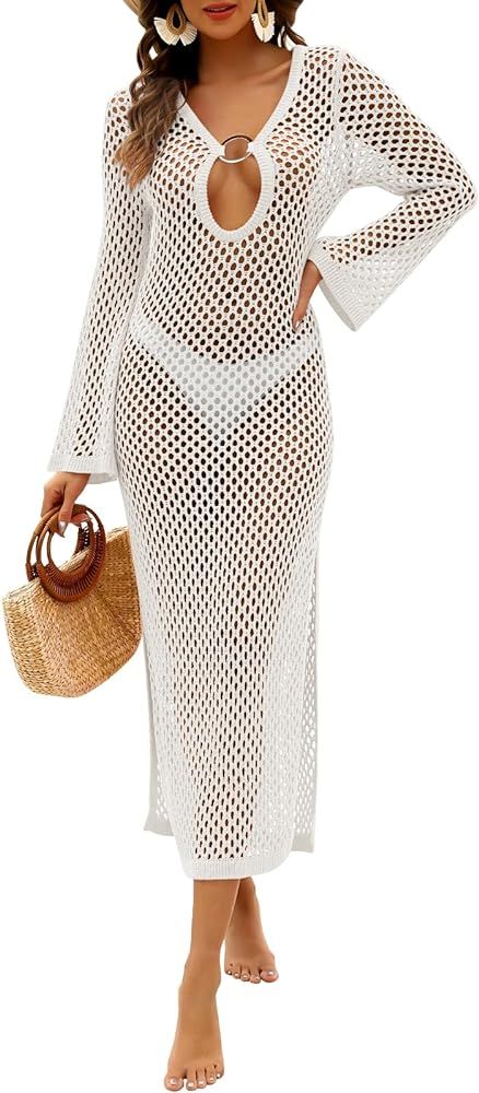 Caracilia Women Swimsuit Coverup Crochet Bathing Suit Swim Cover Ups for Swimwear Summer Long Sle... | Amazon (US)