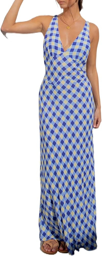 Women V Neck Maxi Dress Y2k Floral Print Backless Long Slip Dress Sleeveless Lace Trim Summer Boh... | Amazon (US)