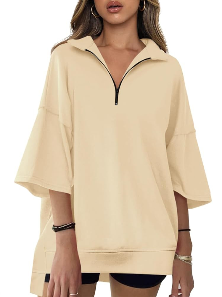 Fisoew Womens Oversized Sweatshirt Casual Zip Up V Neck 3/4 Sleeve High Low Pullover Tunic Tops | Amazon (US)