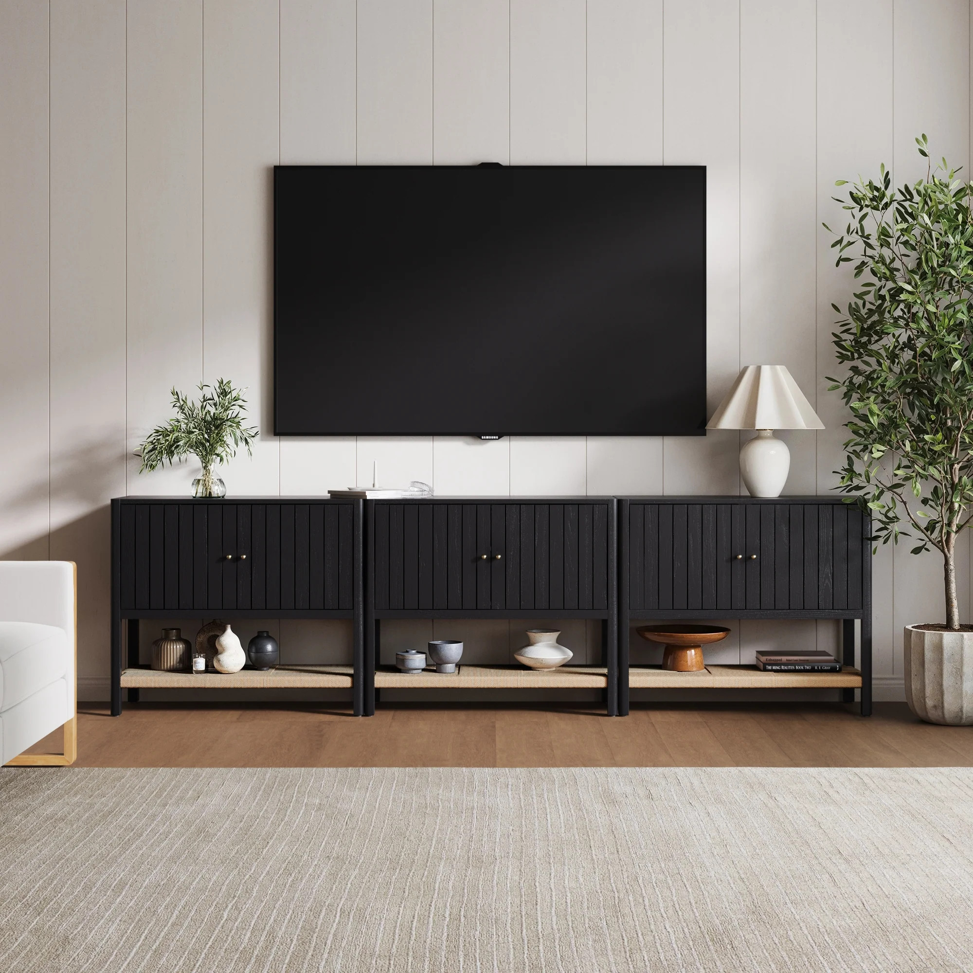 Wood TV Console with Open Seagrass Shelf for 75-85" TVs Black Oak | Nathan James