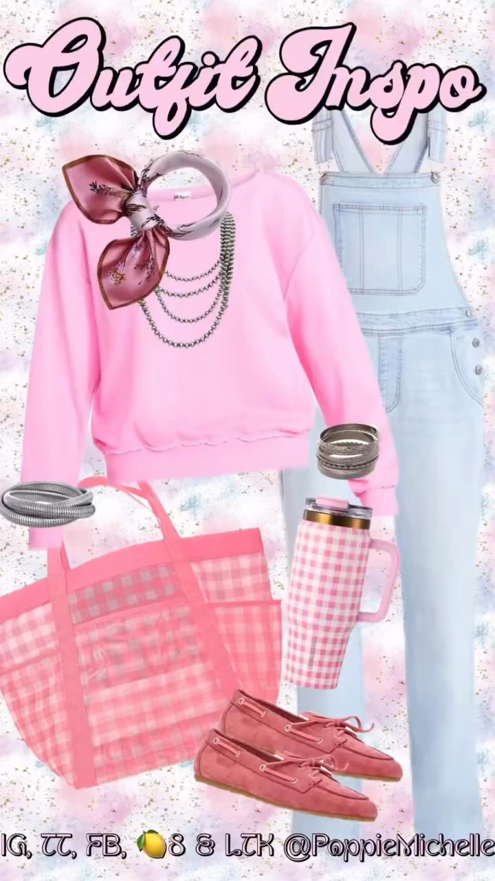 Walmart Outfit Inspiration 
Pink off the shoulder shirt 
Light wash denim overalls 
Pink wild rag pink satin scarf 
Pink sneakers- Pink tennis shoes 
Pink checkered insulated tumbler 
Pink and white mesh tote bag 
Pink western beaded necklace