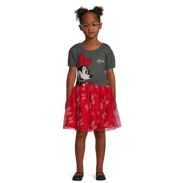 Minnie Mouse Girls Sweater Top Dress with Mesh Skirt, Sizes 4-16 | Walmart (US)
