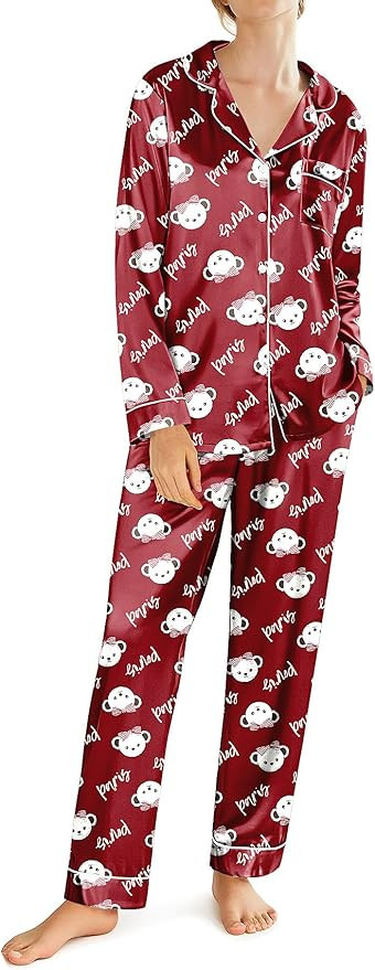 Ekouaer Silk Satin Pajamas for Women Teddy Bear Pjs Set Button Down Long Sleeve Loungewear Cute S... | Amazon (US)