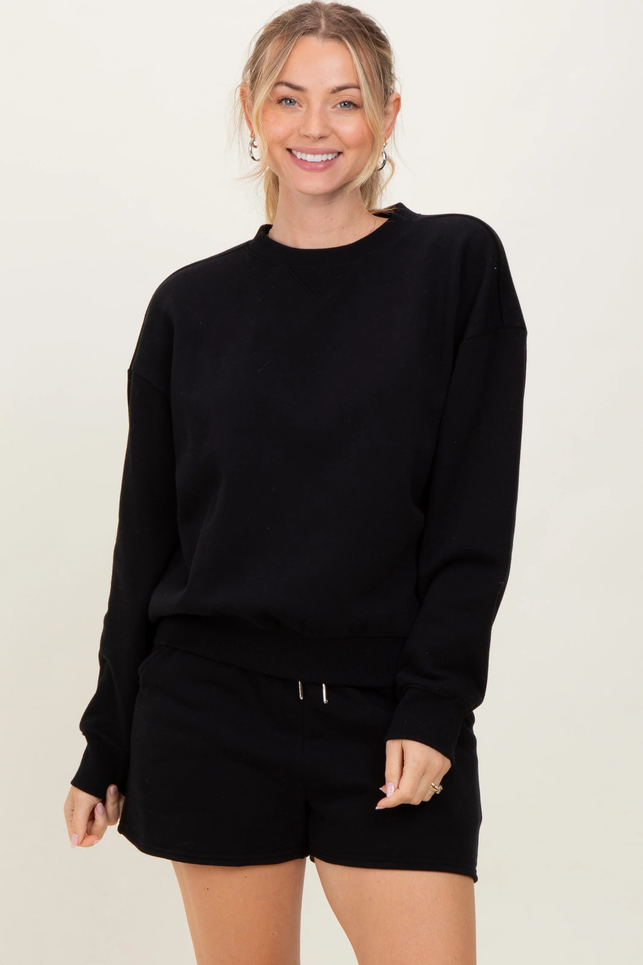 Black Fleece Sweatshirt Shorts Set | PinkBlush Maternity