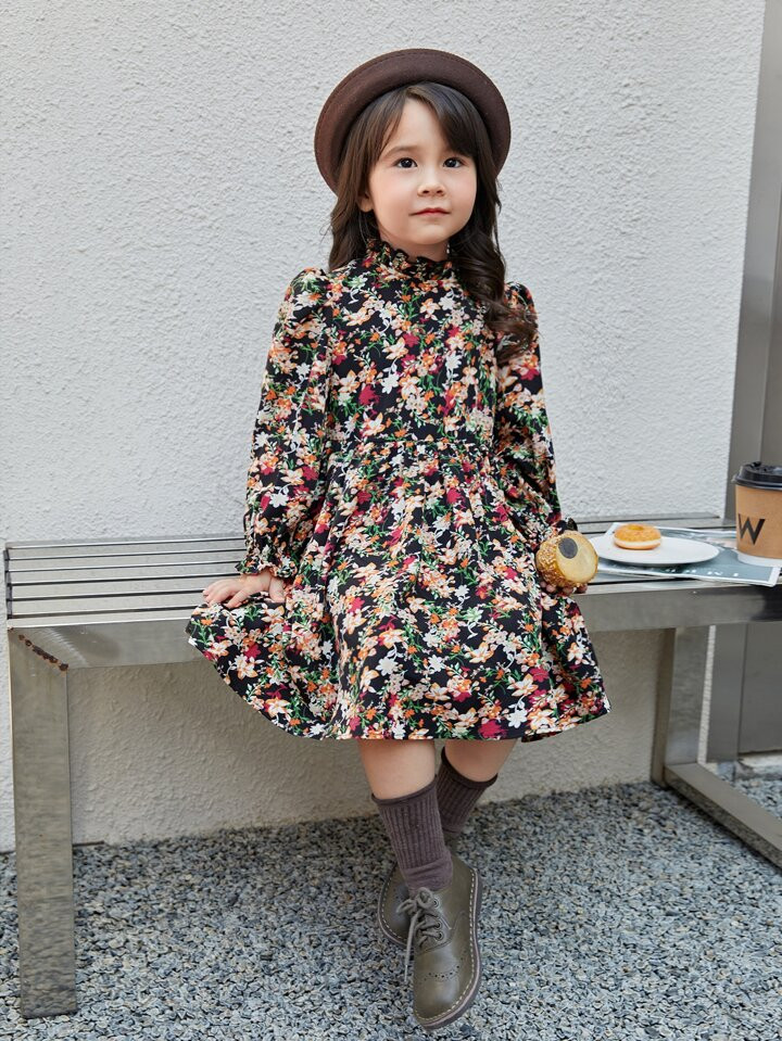 SHEIN Young Girl Floral Print Flounce Sleeve Dress | SHEIN