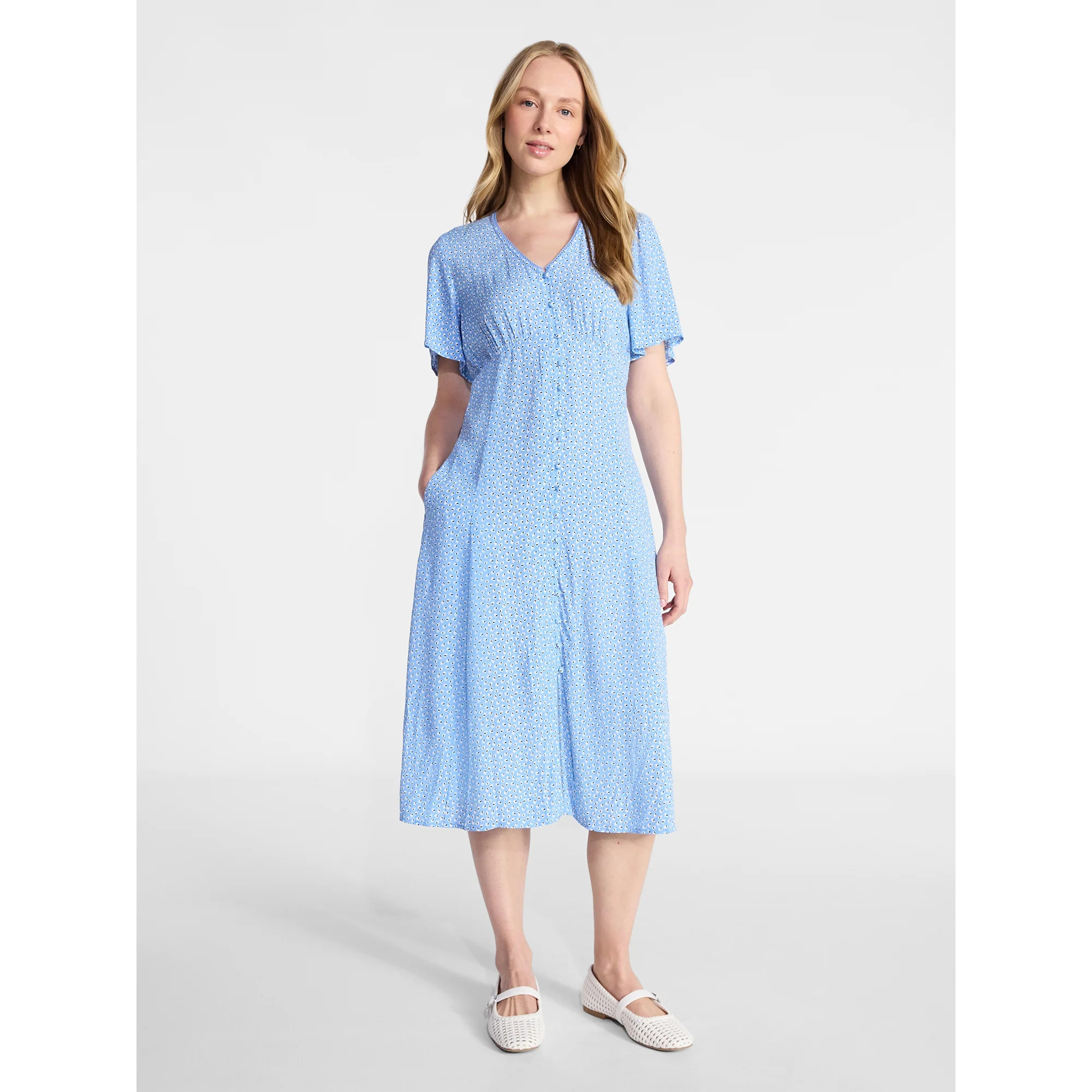 Time and Tru Women's Empire Waist Midi Dress with Short Sleeves, Sizes XS-XXXL | Walmart (US)
