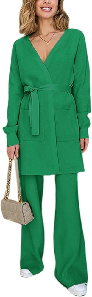 Gihuo Womens 2 Piece Knit Outfit V Neck Sweater Set Elastic Waist Knit Pants Cardigan Sweater Kni... | Amazon (US)