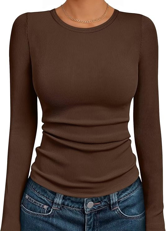 AUTOMET Women's Ribbed Long Sleeve Basic Top - Soft Stretch Crewneck Shirt for Work & Casual | Amazon (US)