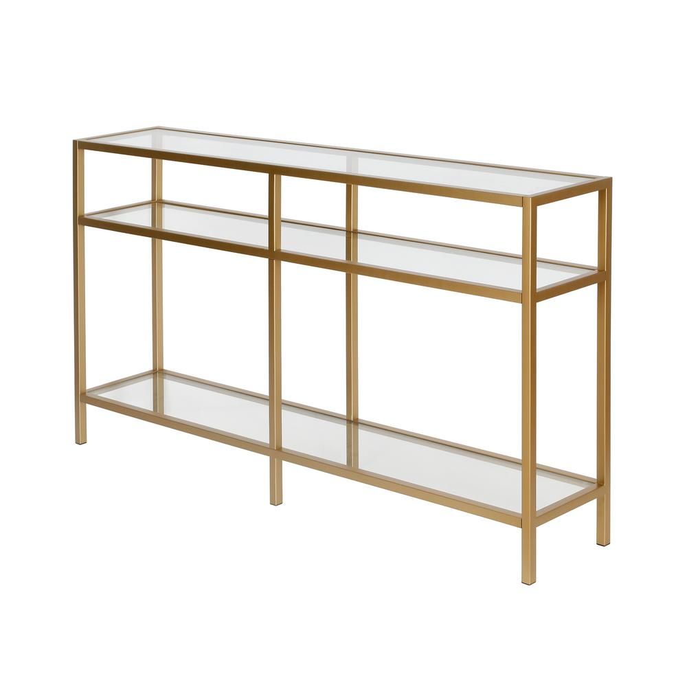 Meyer&Cross Vega 55 in. Gold/Clear Rectangle Glass Console Table with Storage, Brass | The Home Depot