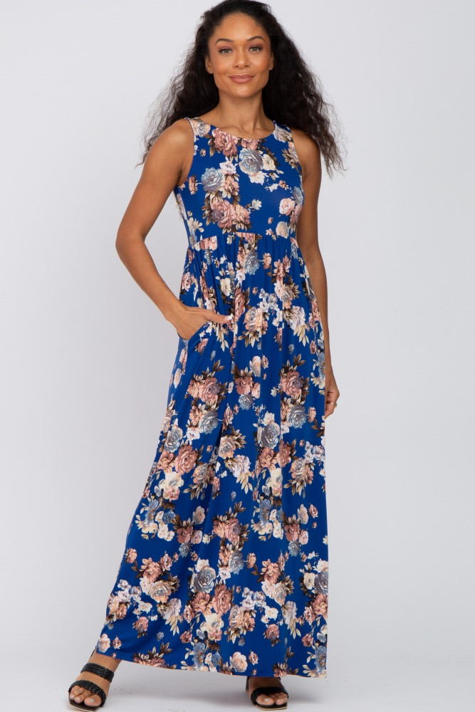 Royal Blue Floral Sleeveless Maxi Dress | PinkBlush Maternity