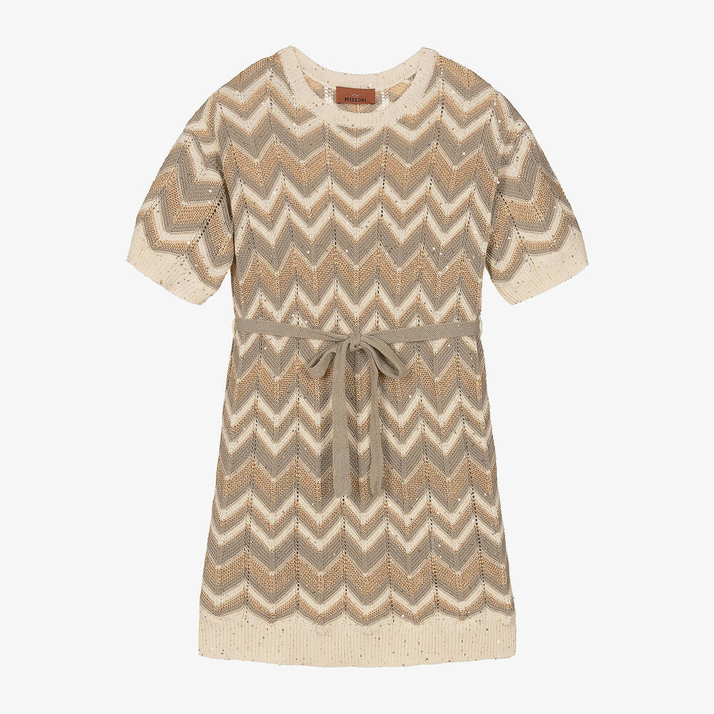 Girls Ivory & Gold Knitted Zigzag Dress | Childrensalon
