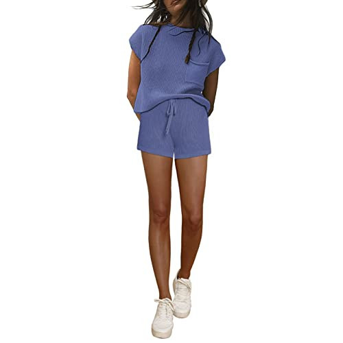 Lehuanwang 2 Piece Sets for Women Casual Summer Lounge Set Cap Sleeve Tops and Elastic Waist Shorts Tracksuit | Amazon (US)