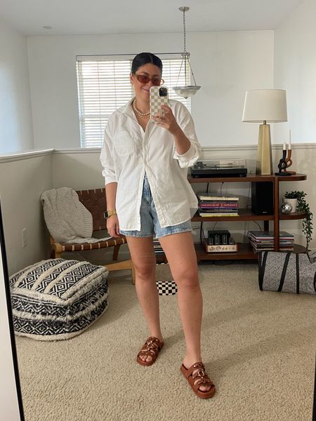 Pearl necklace | gold chain necklace | white button down (medium) | denim shorts (8) | brown sandals | brown sunglasses 

Summer outfit, casual outfit, everyday outfit, brunch outfit 

#LTKmidsize #LTKfindsunder50 #LTKstyletip