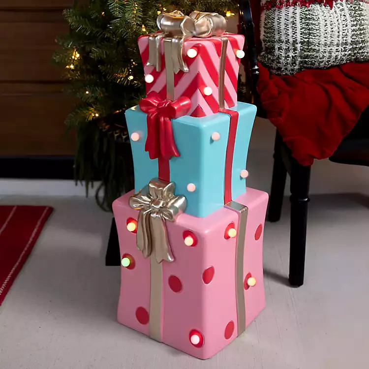 LED Pink Present Stack Blow Mold Statue | Kirklands Home | Kirklands