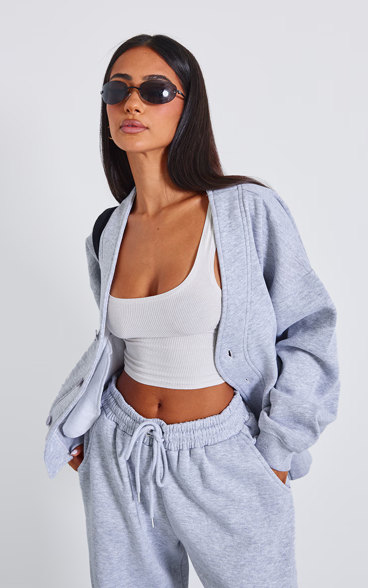 Petite Grey Marl Button Up Sweatshirt | PrettyLittleThing UK