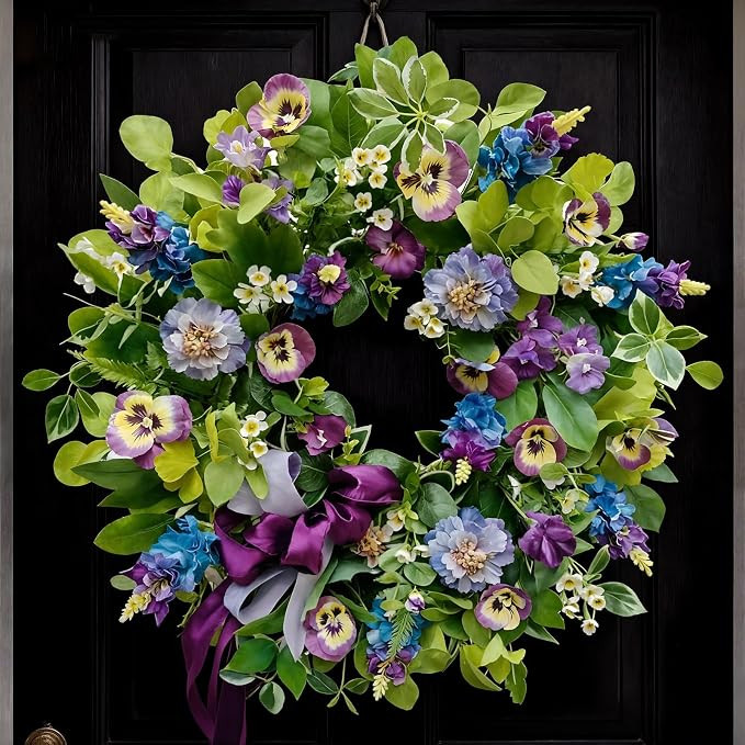 Spring Summer Wreaths for Front Door 24 Inch, Outdoor Summer Wreath with Pansy, Hydrangea & Flora... | Amazon (US)