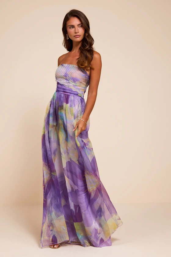 Galilea Purple Multi Floral Strapless Maxi Dress | Lulus