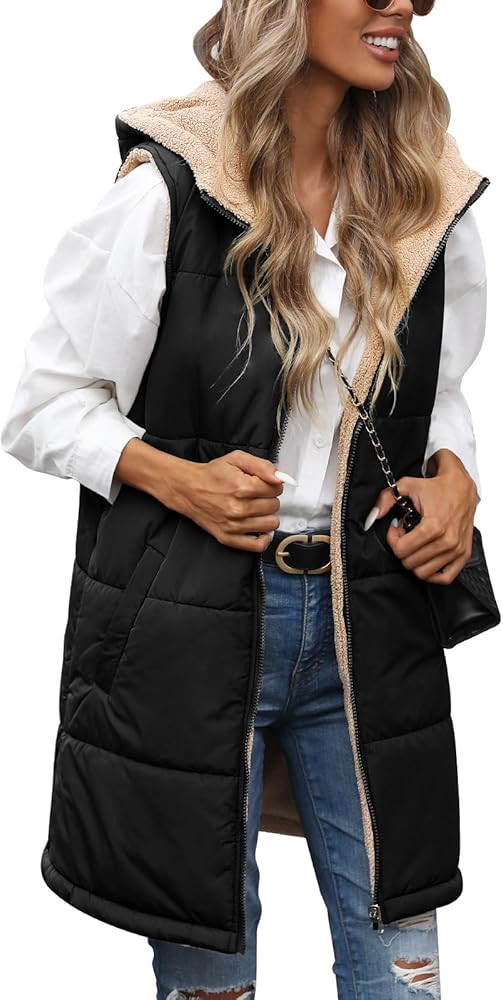 Womens Fall Reversible Vests Sleeveless Fleece Hoodie Jacket Zip Up Winter Warm Hooded Long Coat ... | Amazon (US)