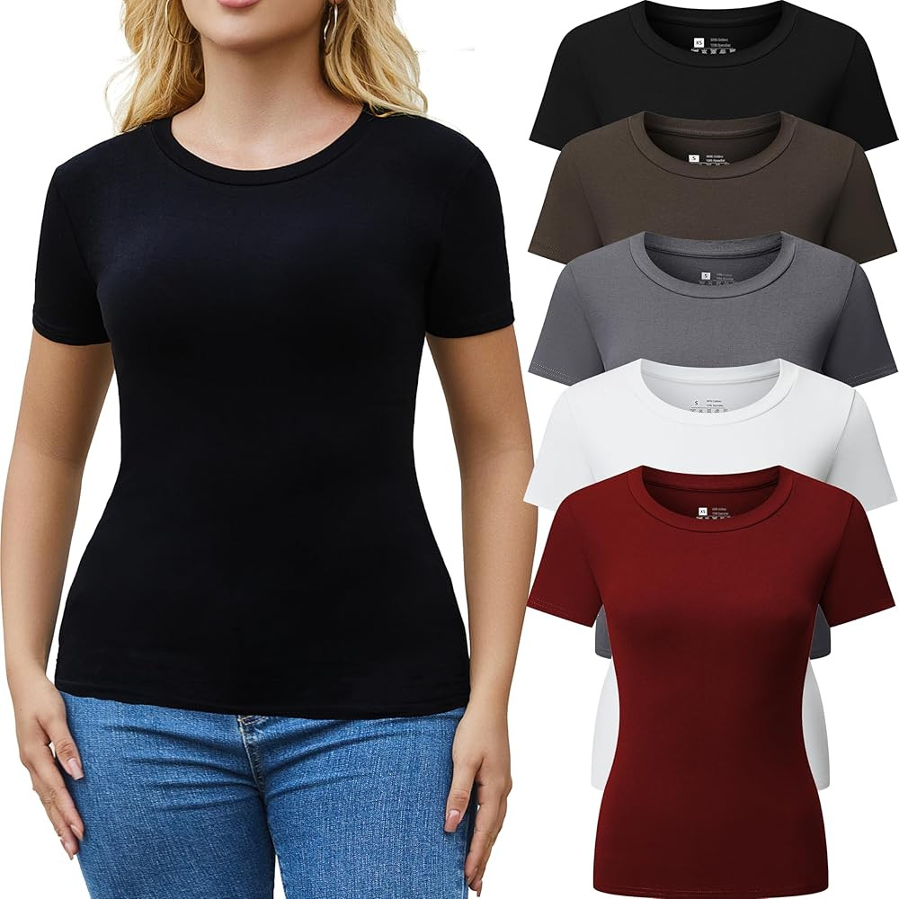 5pcs Women's Ribbed Short Sleeve Slim Fit T Shirt Crew Neck Bodycon Crop Tunics Going Out Tops | Amazon (US)