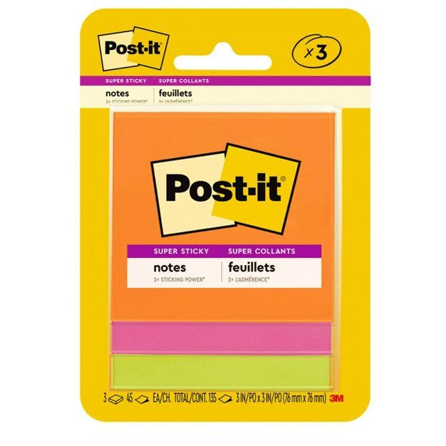 Post-it 3pk 3" x 3" Super Sticky Notes 45 Sheets/Pad Energy Boost Collection | Target