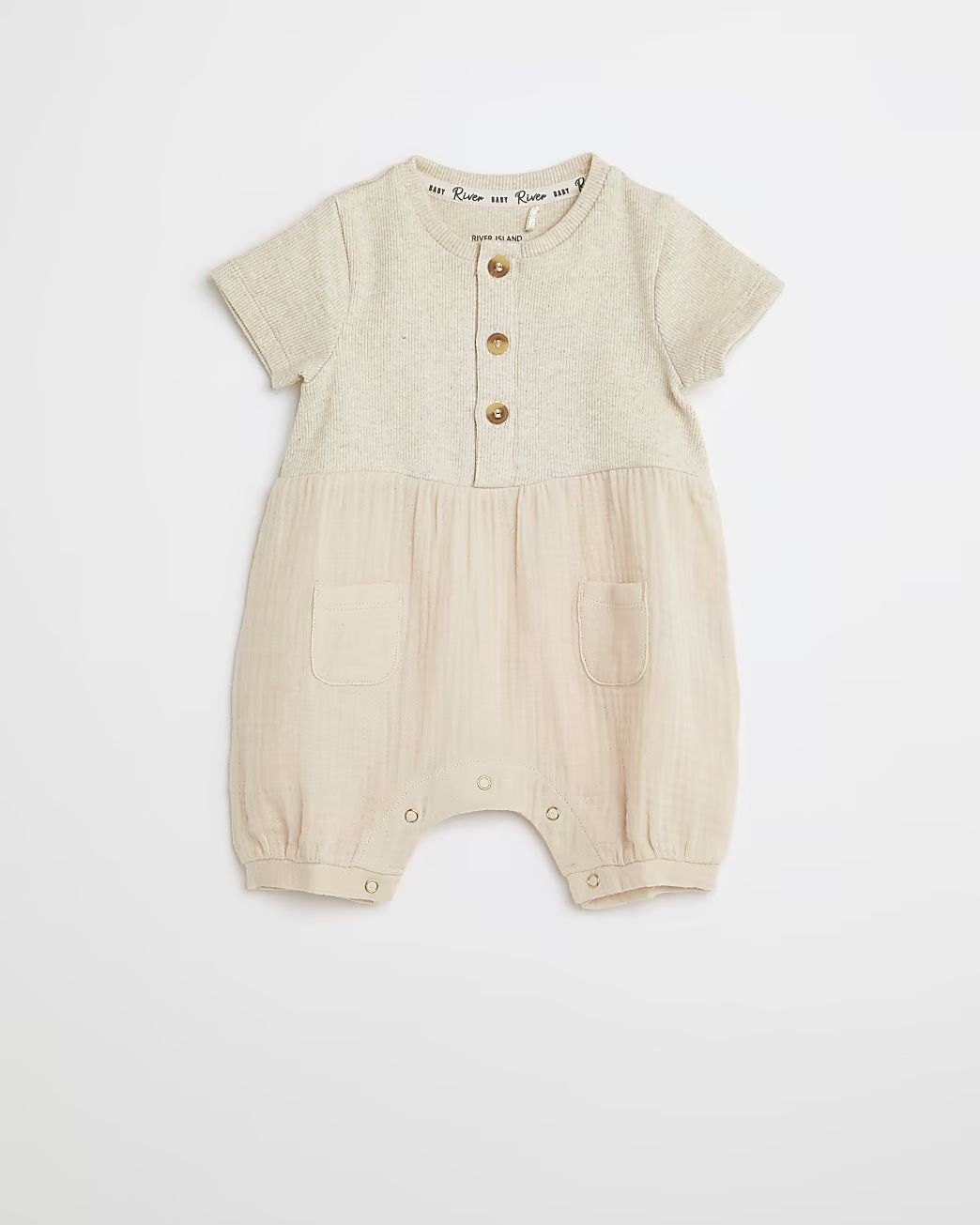 River Island Girls Baby beige ribbed button detail romper | River Island (US)