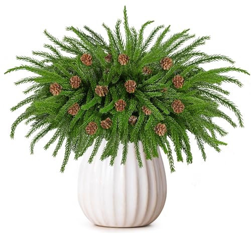 Fovths 12 Pieces Christmas Norfolk Pine Branches with Pine Cones 18 Inch Norfolk Pine Stems Artificial Norfolk Pin Needle Branches DIY Crafts Faux Greenery for Xmas Home Decor Garland Wreath Craft | Amazon (US)