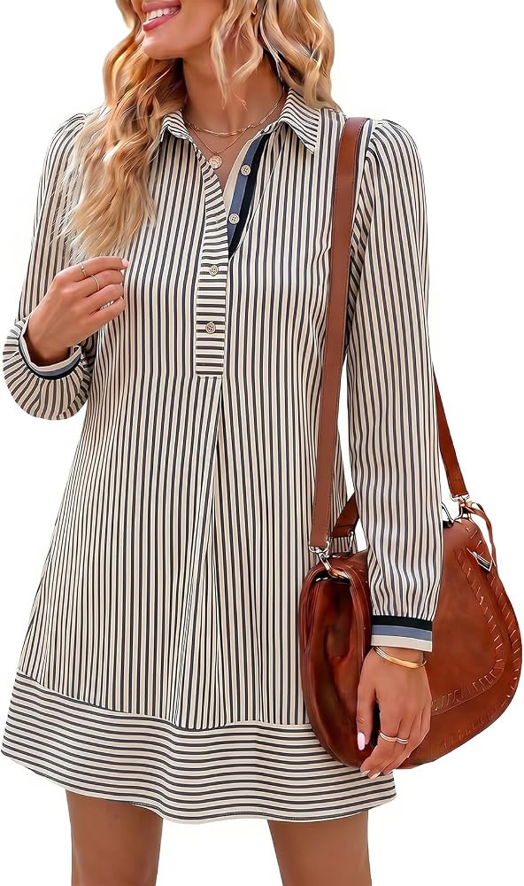 Wenrine Womens Puff Long Sleeve Casual Striped Button Shirt Mini Dresses | Amazon (US)
