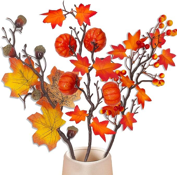 3P Artificial Fall Flowers Decor Fall Maple Leaves Branches with Pumpkins Decor & Acorn Berries F... | Amazon (US)