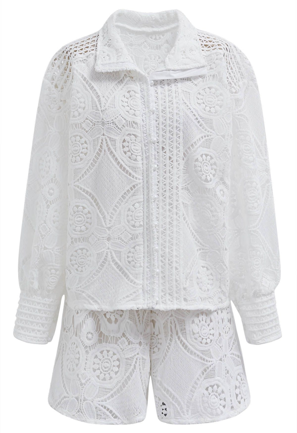 Guipure Lace Buttoned Shirt and Shorts Set in White | Chicwish