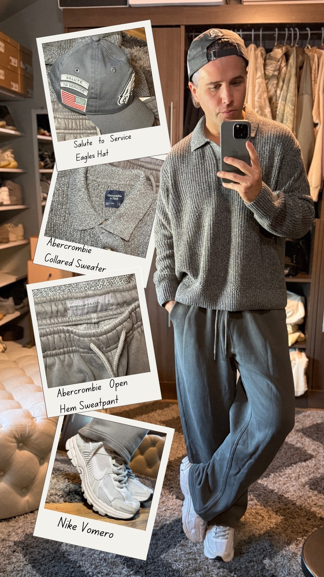 Elevated off duty vibe. Combining a sweater I’d usually wear to something nice with my everyday baggy sweatpants is one of my favorite styles. The Abercrombie collared sweater adds structure to a casual outfit, paired with openhem sweatpants for an easy, relaxed fit. Finished with Nike Vomeros for all-day comfort and a Salute to Service Eagles hat. Perfect for errands, travel days, or laid-back weekends when you still want to look intentional.