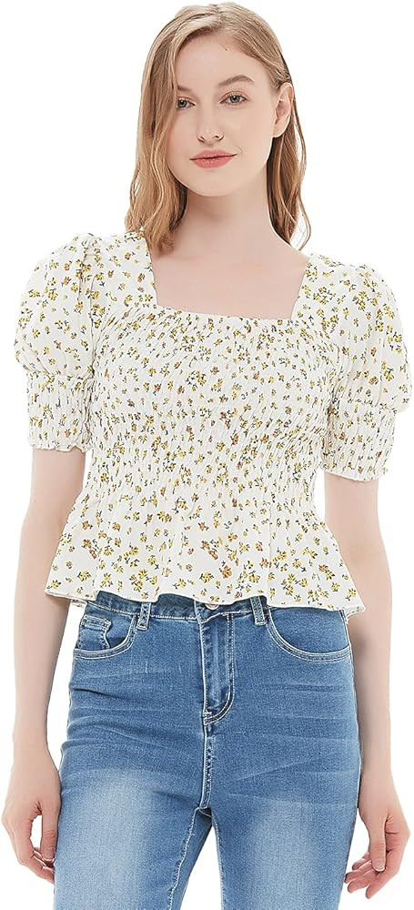 Anna-Kaci Women's Smocked Short Puff Sleeve Floral Square Neck Summer Blouse Crop Tops | Amazon (US)