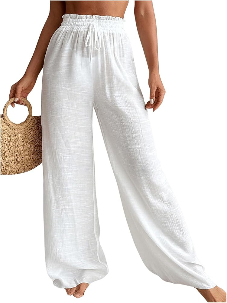 Women's Cover Up Beach Pants Sheer Mesh Drawstring Wide Leg High Waist Bikini Swimsuit Coverups | Amazon (US)