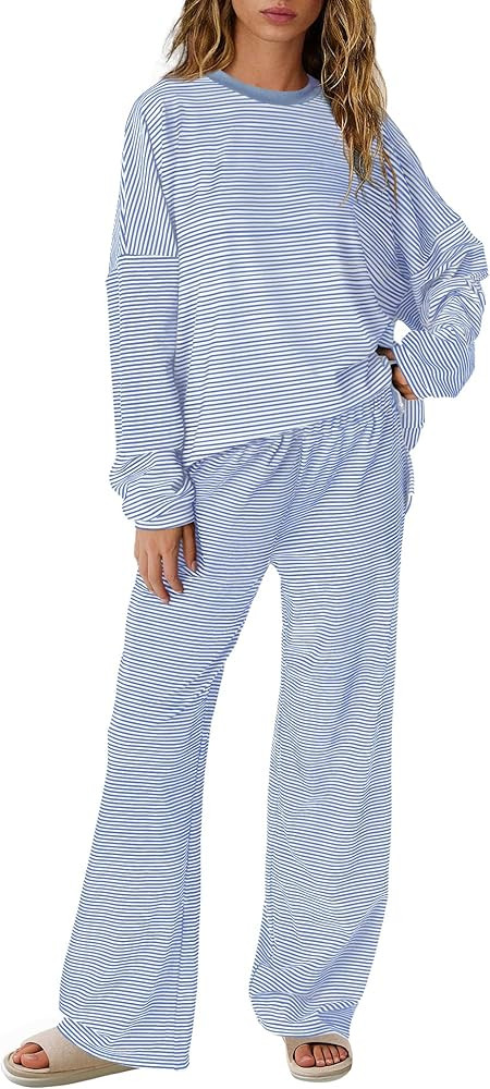 Yanekop Womens Striped Lounge Set Long Sleeve Matching Sets Oversized Pajama Sets Striped Shirt W... | Amazon (US)