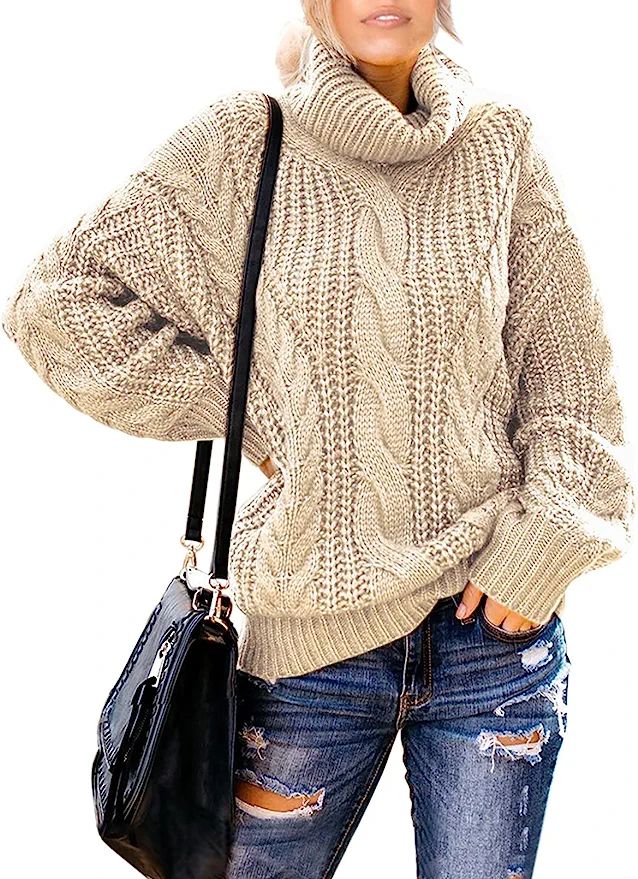 Chase Secret Womens Casual Turtleneck Long Sleeve Loose Chunky Knit Pullover Sweater XL Beige at ... | Amazon (US)